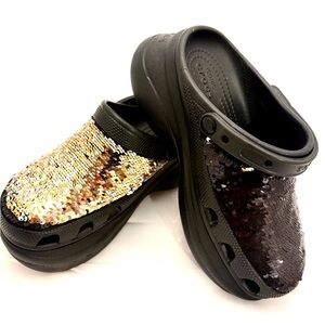 CROCS limited edition platform with reversible black and gold sequins!